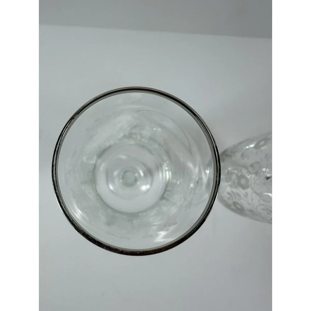 Etched Floral Champagne Glasses Platinum Silver Rim 8 1/4